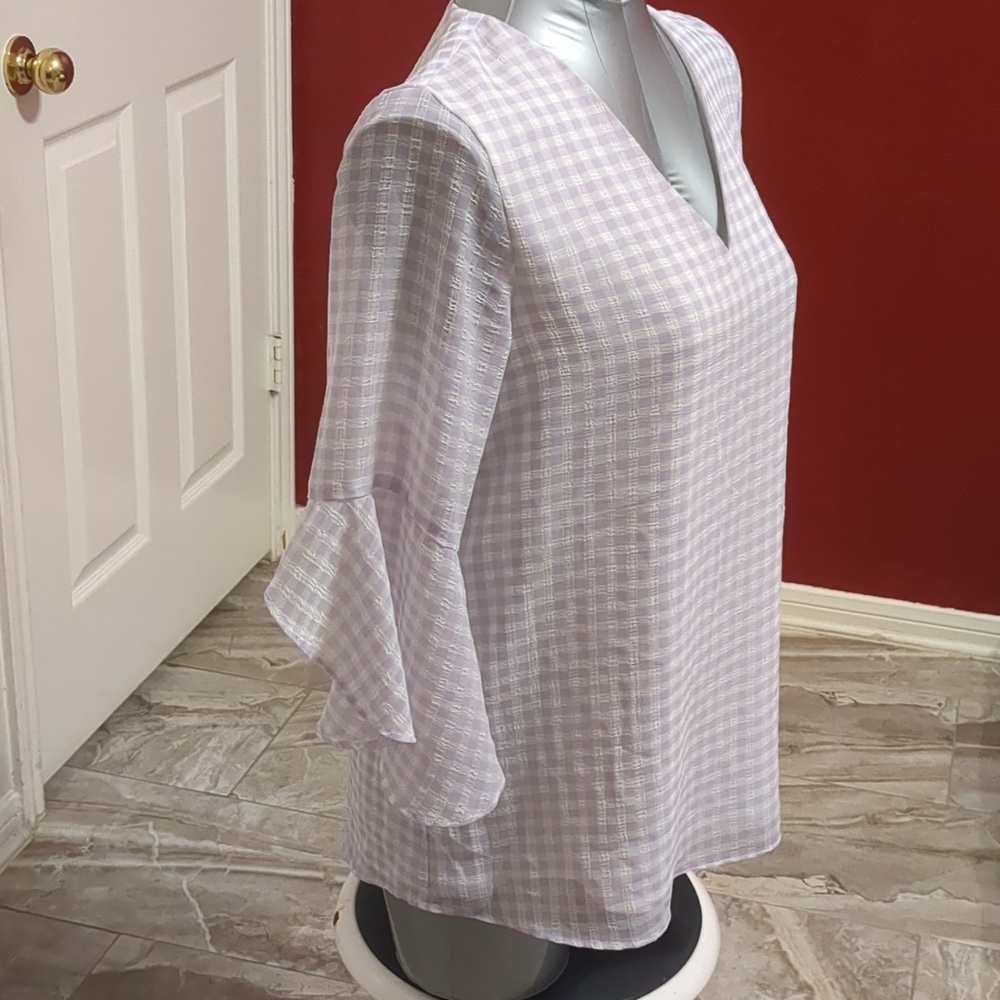 Calvin Klein Women Purple/White-V Neck Blouse 3/4 Sleeves Gingham check Size S - Picture 6 of 11